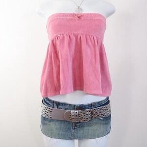 y2k pink velour strapless babydoll tube top coquette size XS